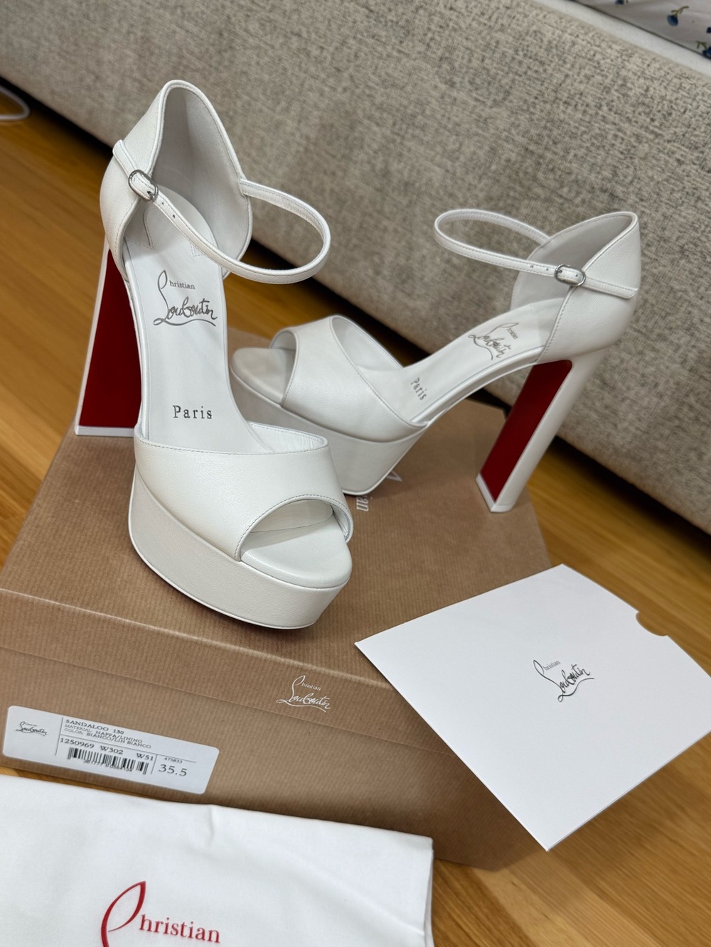 Christian Louboutin Sandaloo White Lamb Nappa Leather Platform Ankle-Strap Heels